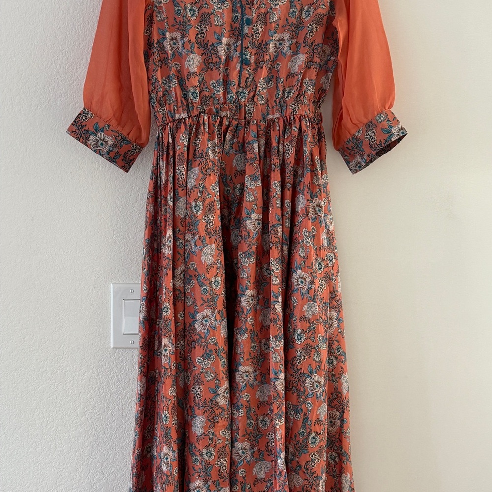 Orange Floral Pleated Sundress with 3/4 Bishop Sleeves